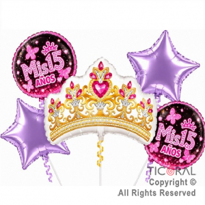 SET DE GLOBOS METALIZADO MIS 15 A�OS CORONA PRINCESA 5 UNIDADES